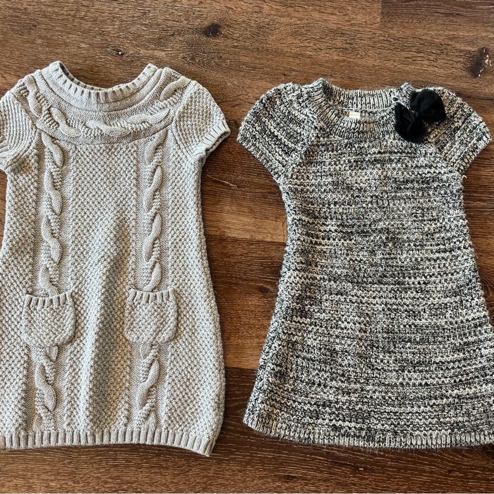 Girls' Gray Knit Cable & Marled Sweater Dresses - Pair